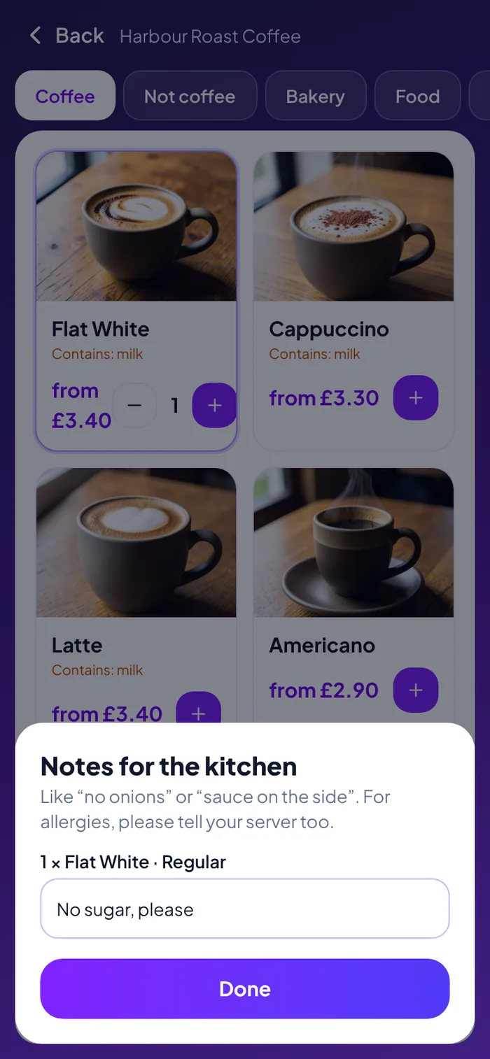 Sizes, allergens and notes for the kitchen