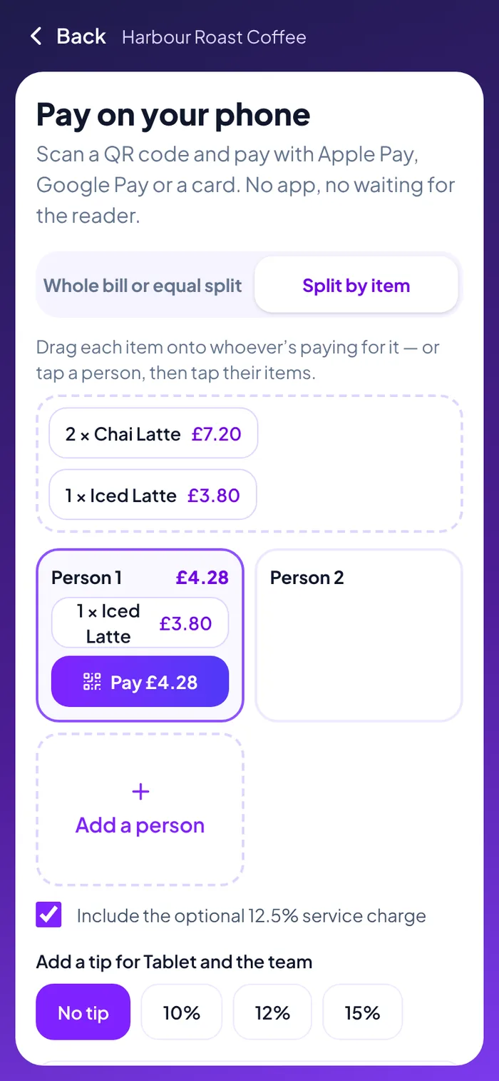 Split by item: drag each dish onto a person